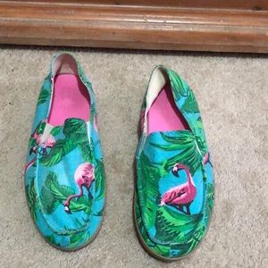 Sanuk flamingo loafers W8 blue green pink